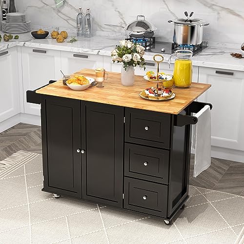 White Rolling Kitchen Cart with Rubber Wood Top P401
