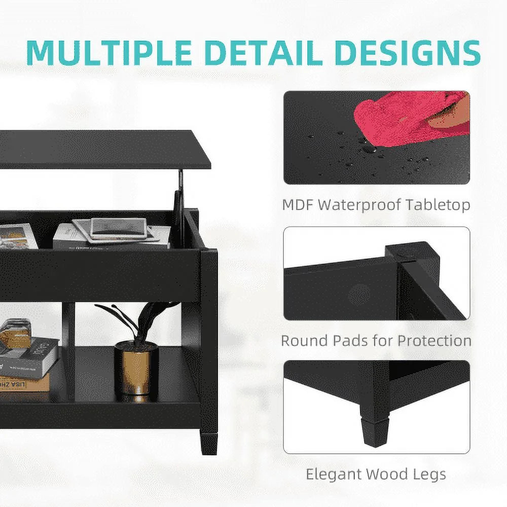 Black Lift Top Coffee Table with Storage Compartment and Open Shelves L24619