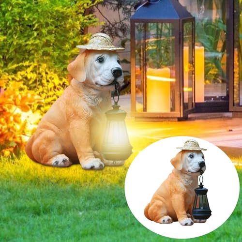 Resin Dog Statues with Straw Hat and Solar Led Lantern E69371