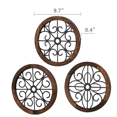 3 Pack Rustic Round Wall Art Geometric Scrolled Metal with Wooden Frame J61694