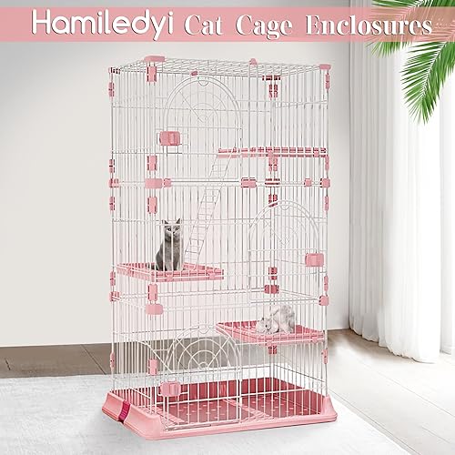 Pink 52 Inches Metal Cat Cage with 3 Platforms and 1 Ramp Y196194