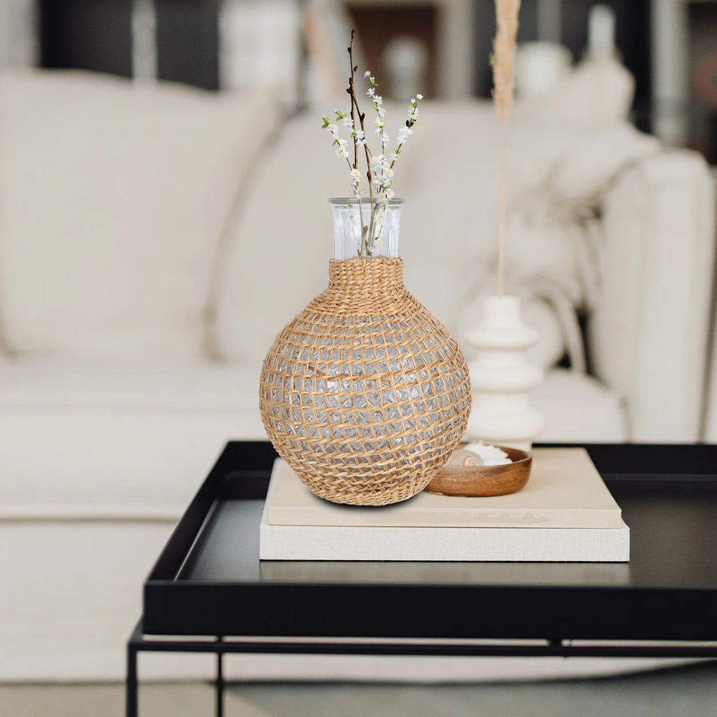Rattan Glass Vase Clear Gold Terrarium Jar Vases Decoration Brown D12695