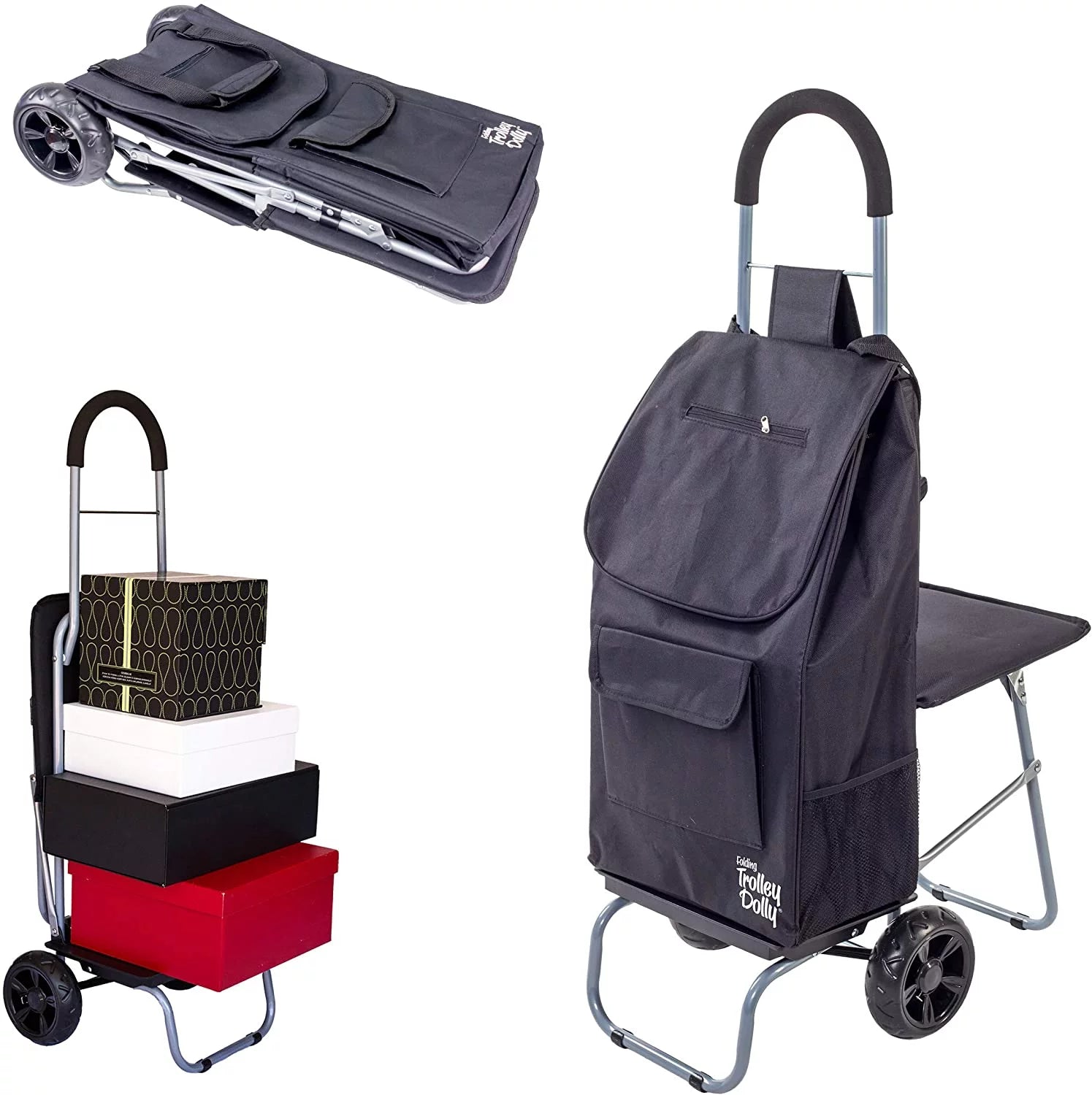 Black Foldable Shopping Cart with Seat Y56936
