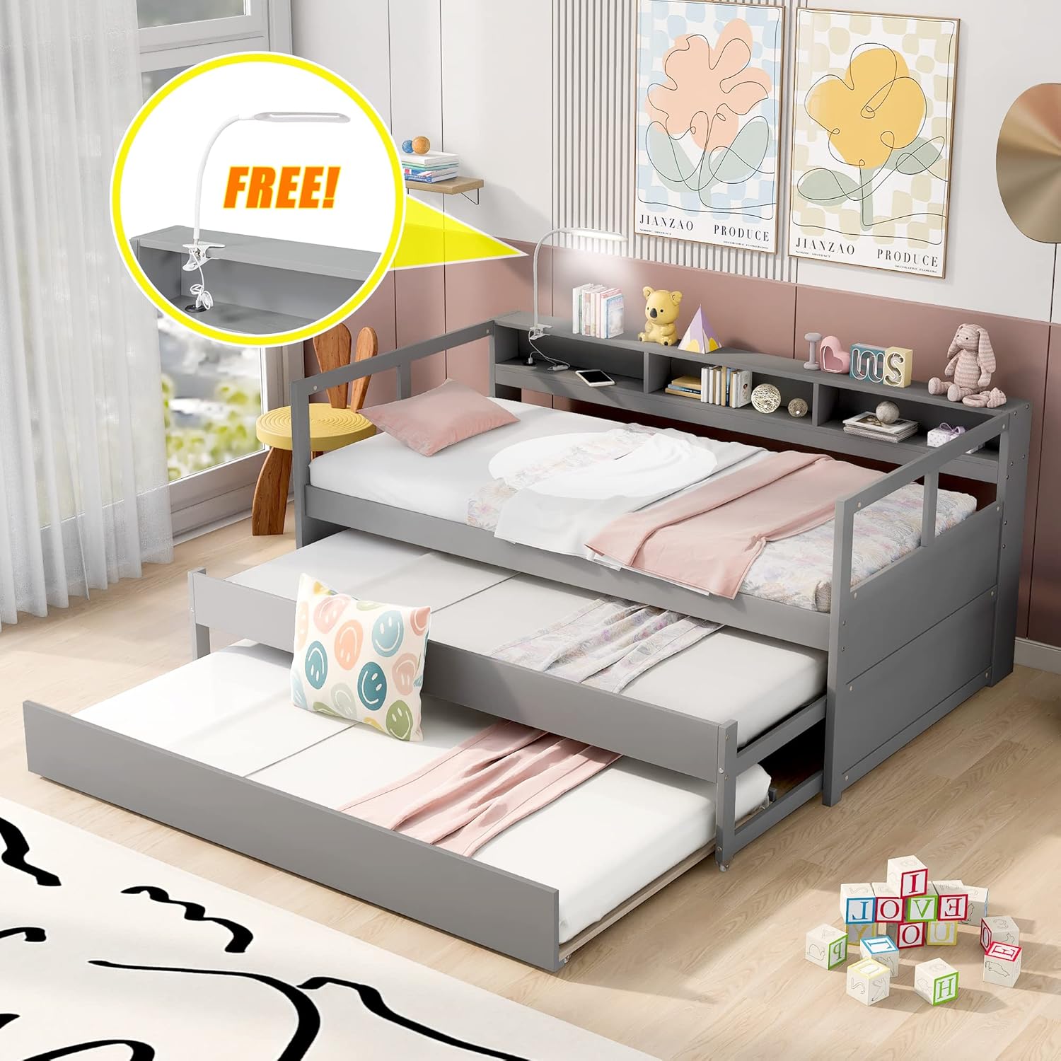 Gray Twin XL Wood Platform Daybed with 2 Trundle Beds and Storage Headboard U643767