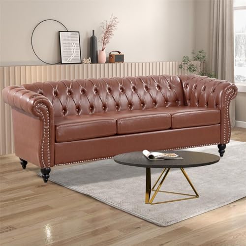 Black Faux Leather 3-seater 84in Sofa with Rolled Arm and Buttoned Chesterfield Z39955