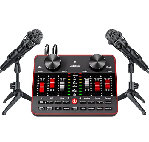 Podcast Microphone Bundle with Live Sound Card Audio Mixer, 3.5mm Condenser Microphone, Sound Board with Voice Changer H6673