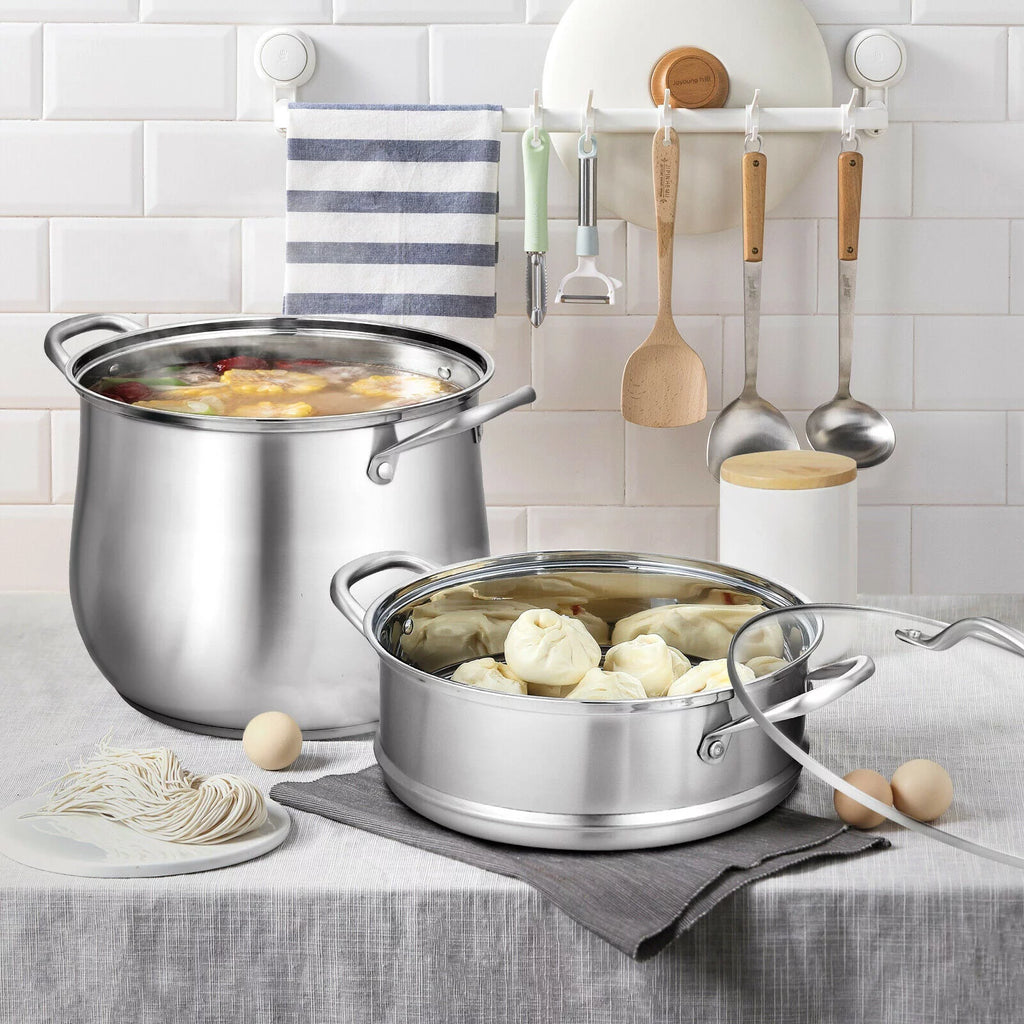 2-Tier Stainless Steel Steamer Pot with Tempered Glass Lid Y279