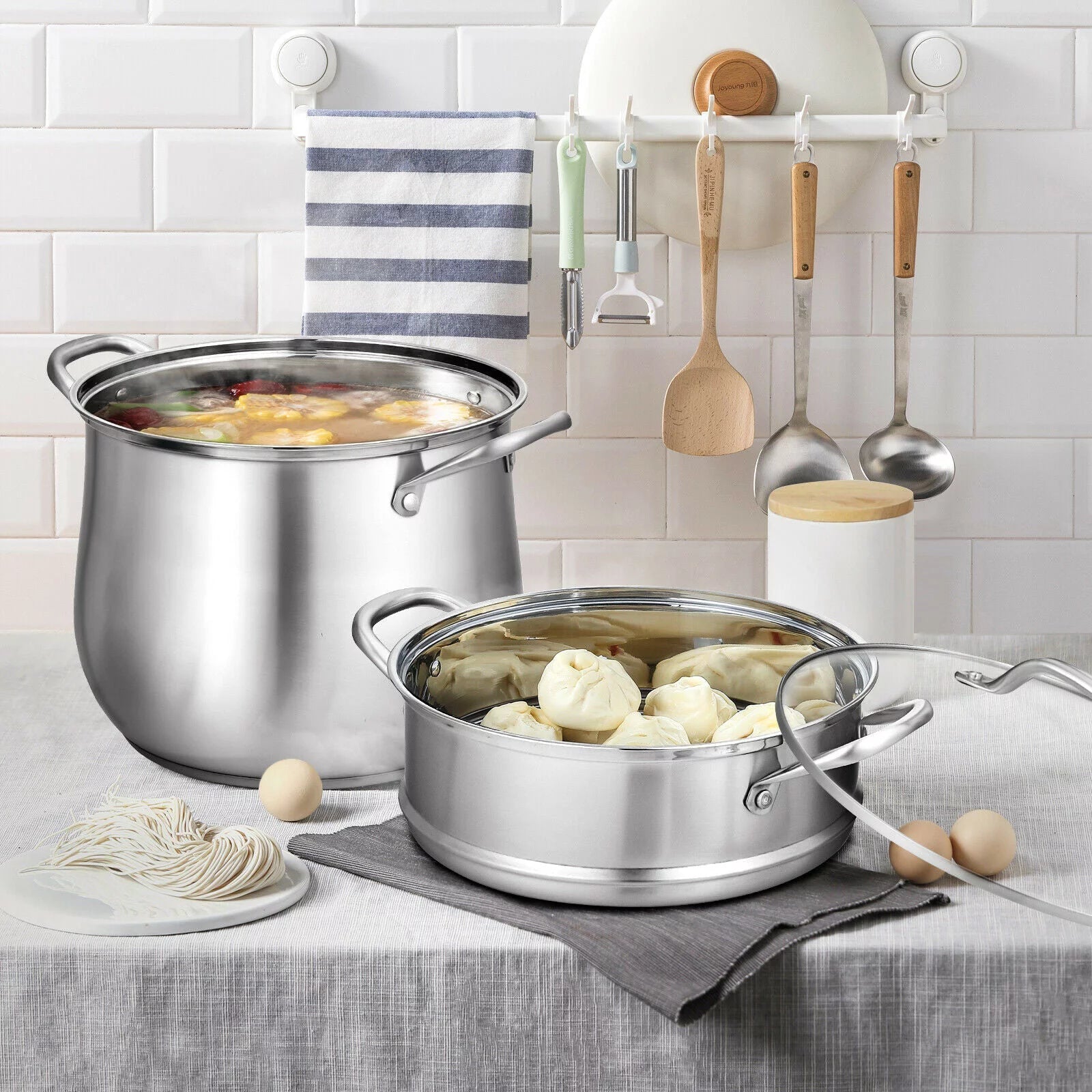 2-Tier Stainless Steel Steamer Pot with Tempered Glass Lid Y279