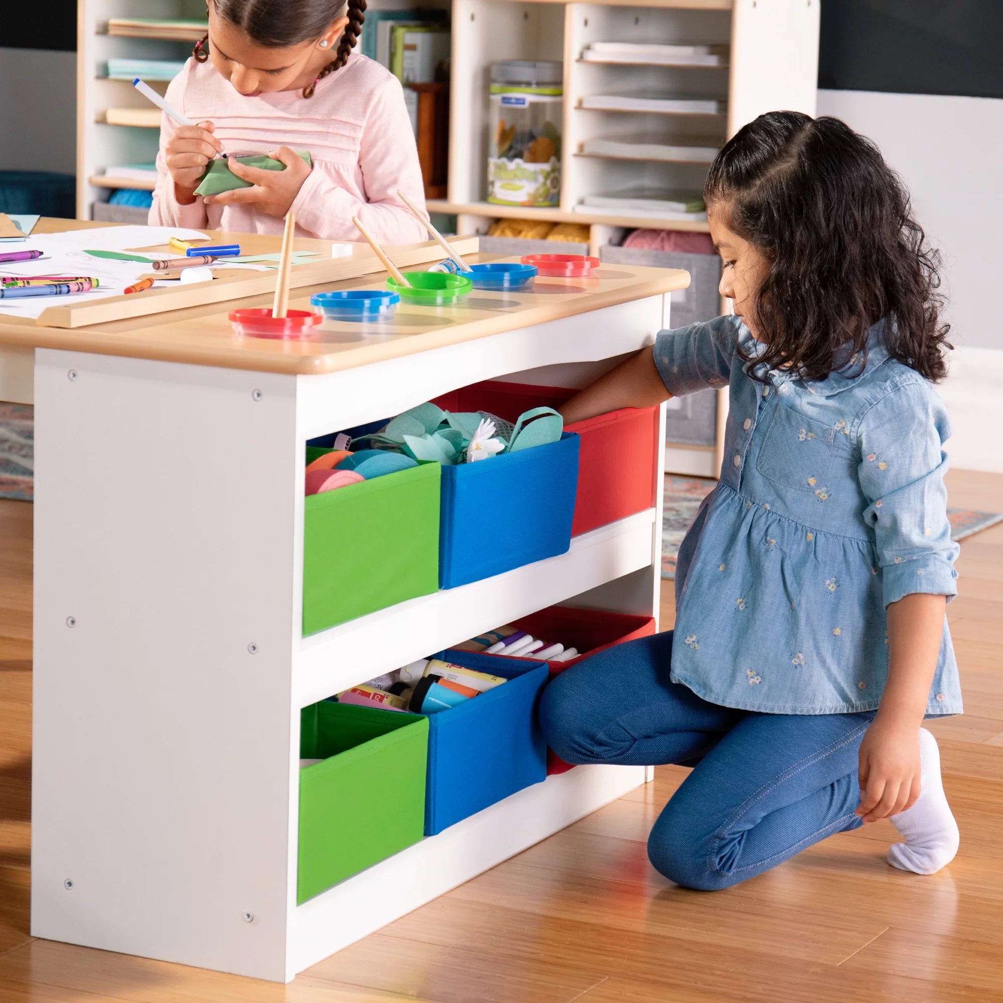 Kids Activity Table and Drawing Desk with Stools, Storage Canvas Bins, Paper Roller, and Paint Cups R2713