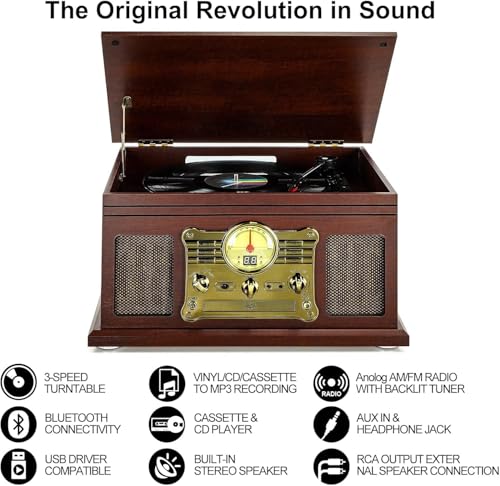 Mahogany Bluetooth Turntable with Speakers F900057