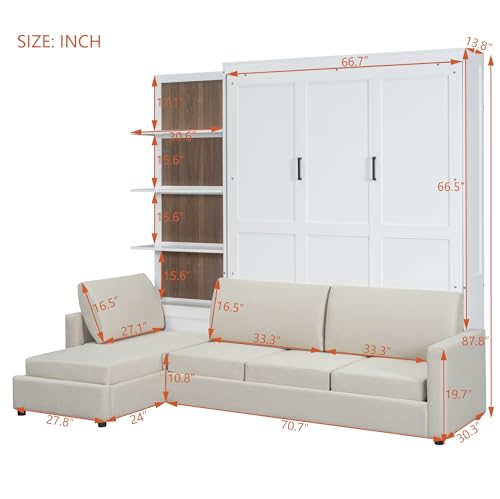 Queen Size Wooden Murphy Bed with Shelves and L-Shape Sofa W29030