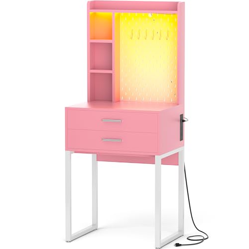Pink Vanity Desk with Hutch and Drawers and LED Lights U2020