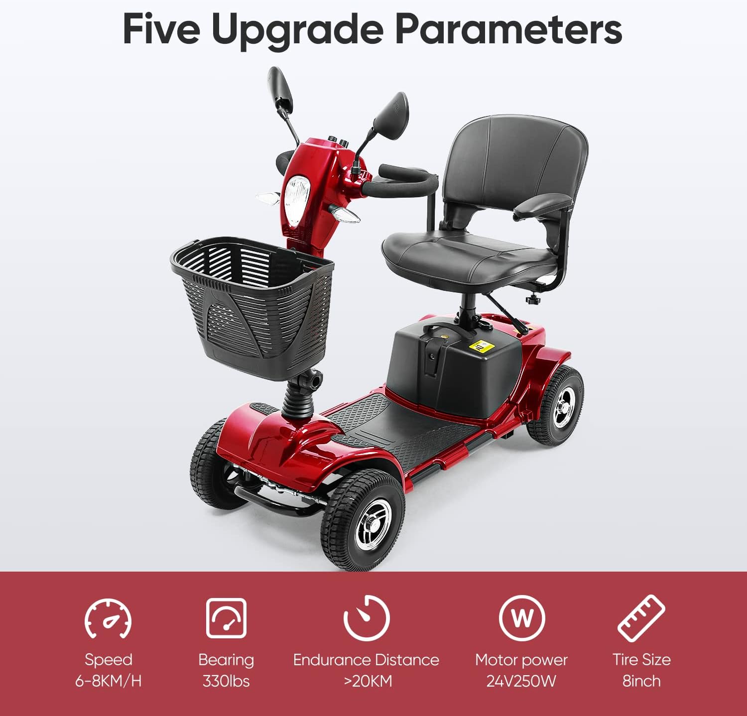 4 Wheel Mobility Scooter with Lights Collapsible Compact Travel Basket Extended Battery P168