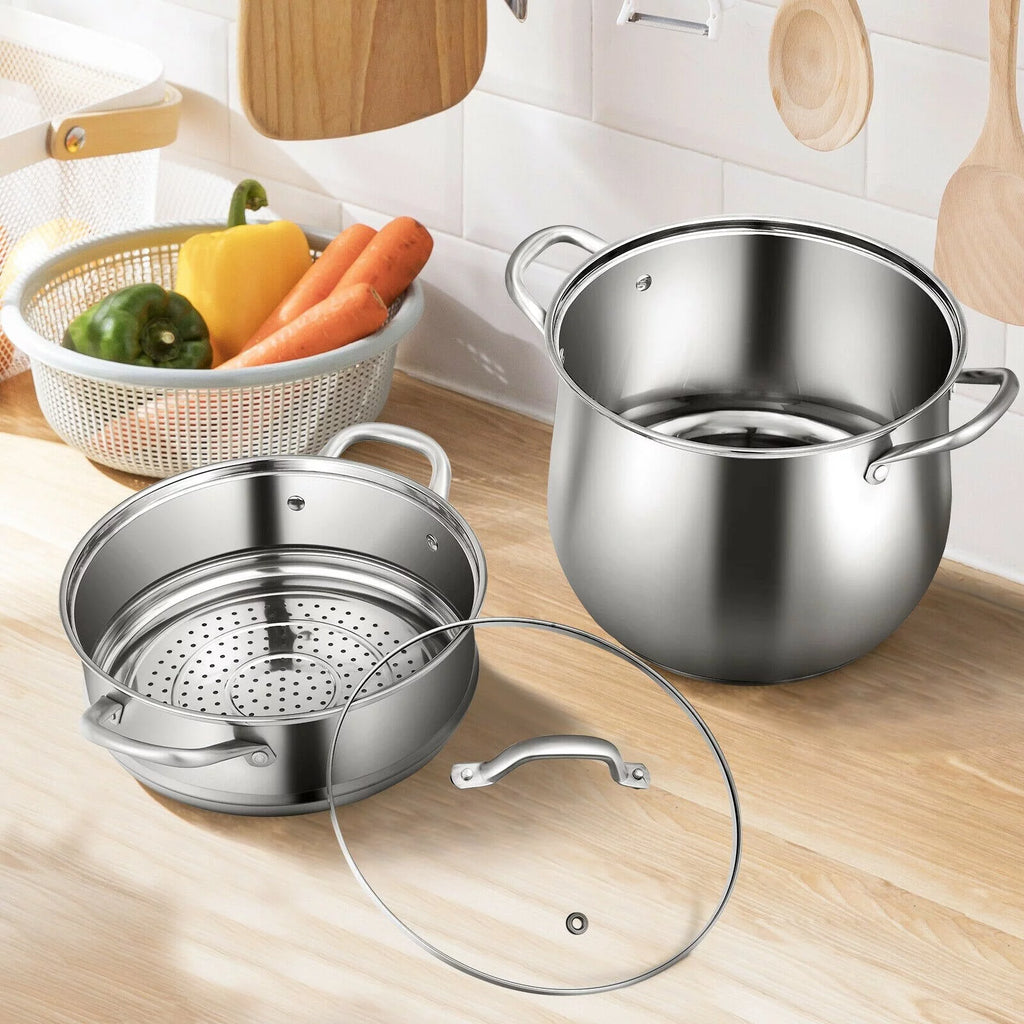 2-Tier Stainless Steel Steamer Pot with Tempered Glass Lid Y279