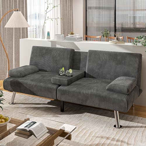 Black Linen Upholstered Convertible Folding Futon Sofa Bed with Removable Armrests, Metal Legs, 2 Cup Holders E765294