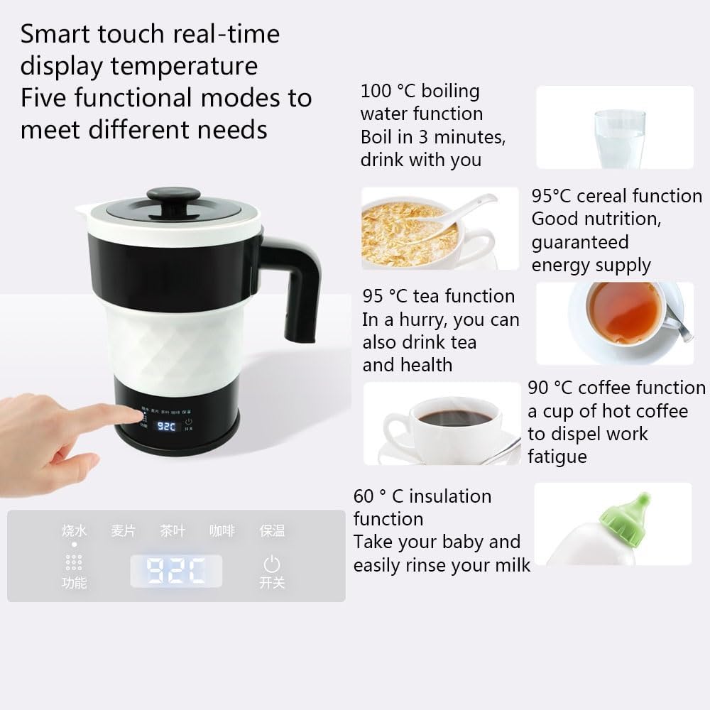 Travel Foldable Electric Kettle Portable Silicone Collapsible Kettle with LED Digital Display Food Grade Silicone BPA Free Boil Dry Protection 0.6L W859303