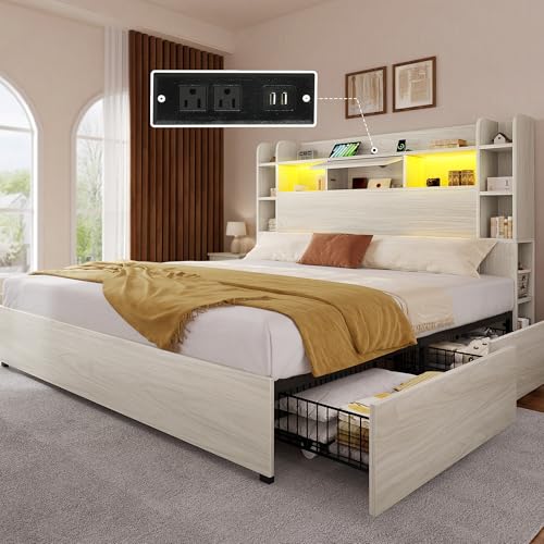 Black Queen Bed Frame with Bookcase Headboard and 4 Storage Drawers J343