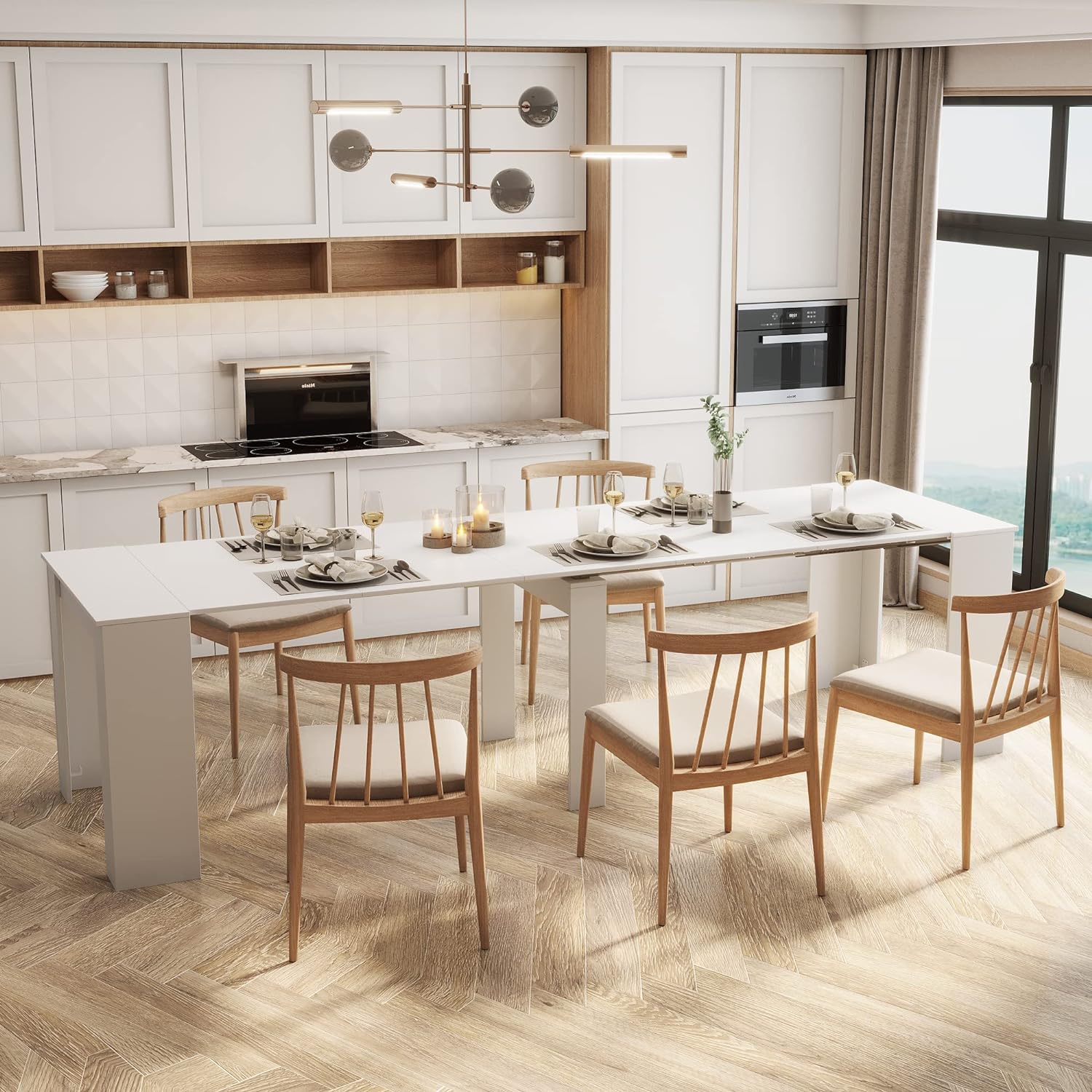 White Wooden Expandable Dining Table K3558