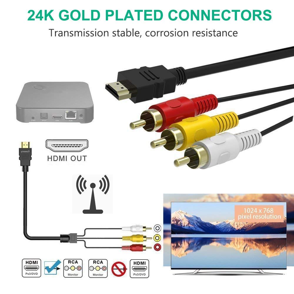 HDMI to RCA Cable, 1080P 5ft/1.5m HDMI Male to 3-RCA Video Audio AV Cable R899