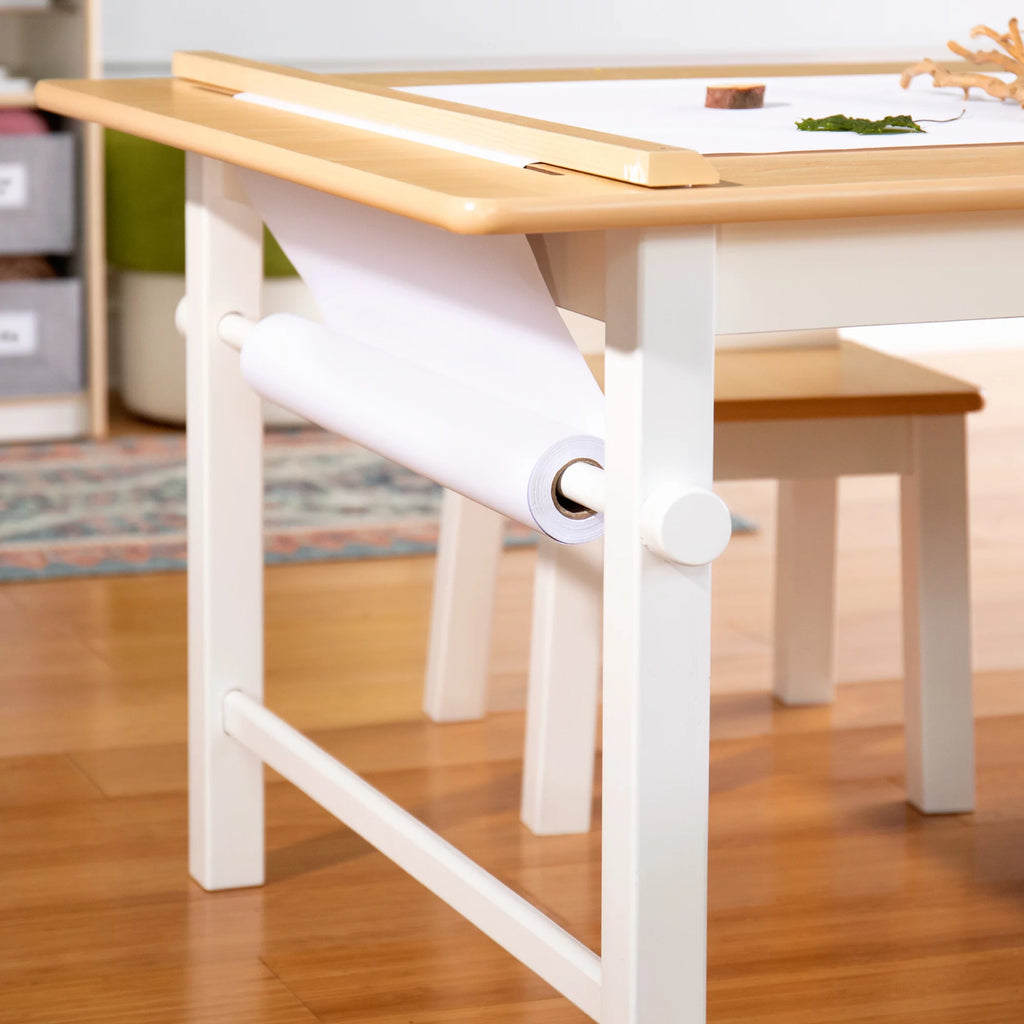 Kids Activity Table and Drawing Desk with Stools, Storage Canvas Bins, Paper Roller, and Paint Cups R2713