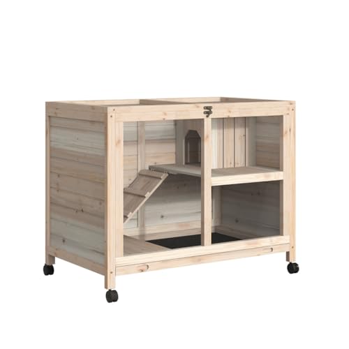 Blue & White Wooden Rabbit Hutch with Tray and Wheels L1903