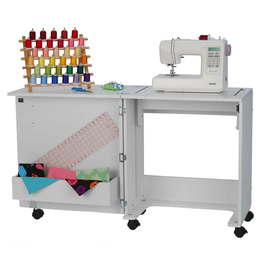 White Sewing and Craft Table with Storage and Adjustable 3-Position Lift L95208