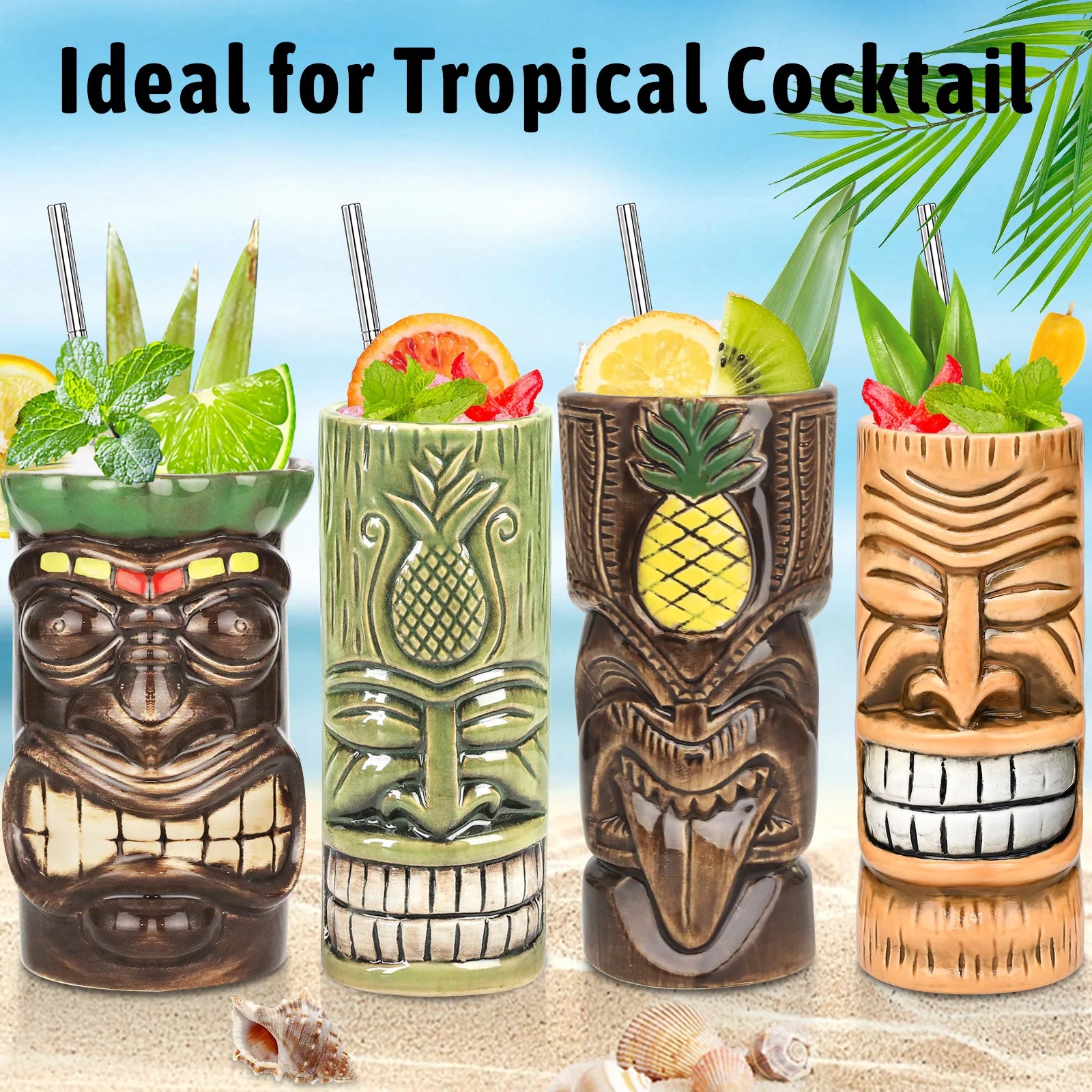 Set of 4 Ceramic Tiki Mugs D419