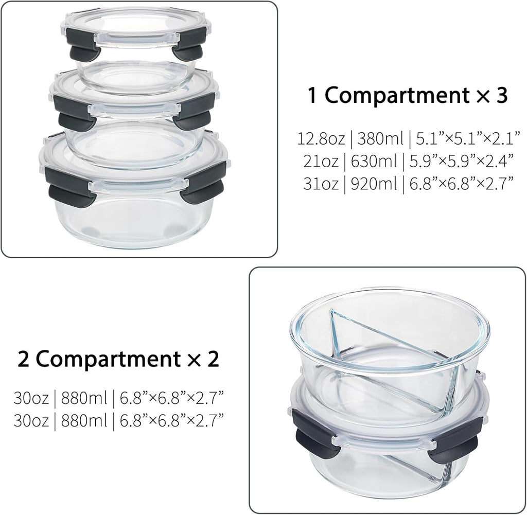 10pc Glass Food Storage Container with Lid, Gray Round Glass Meal Prep Containers D9281