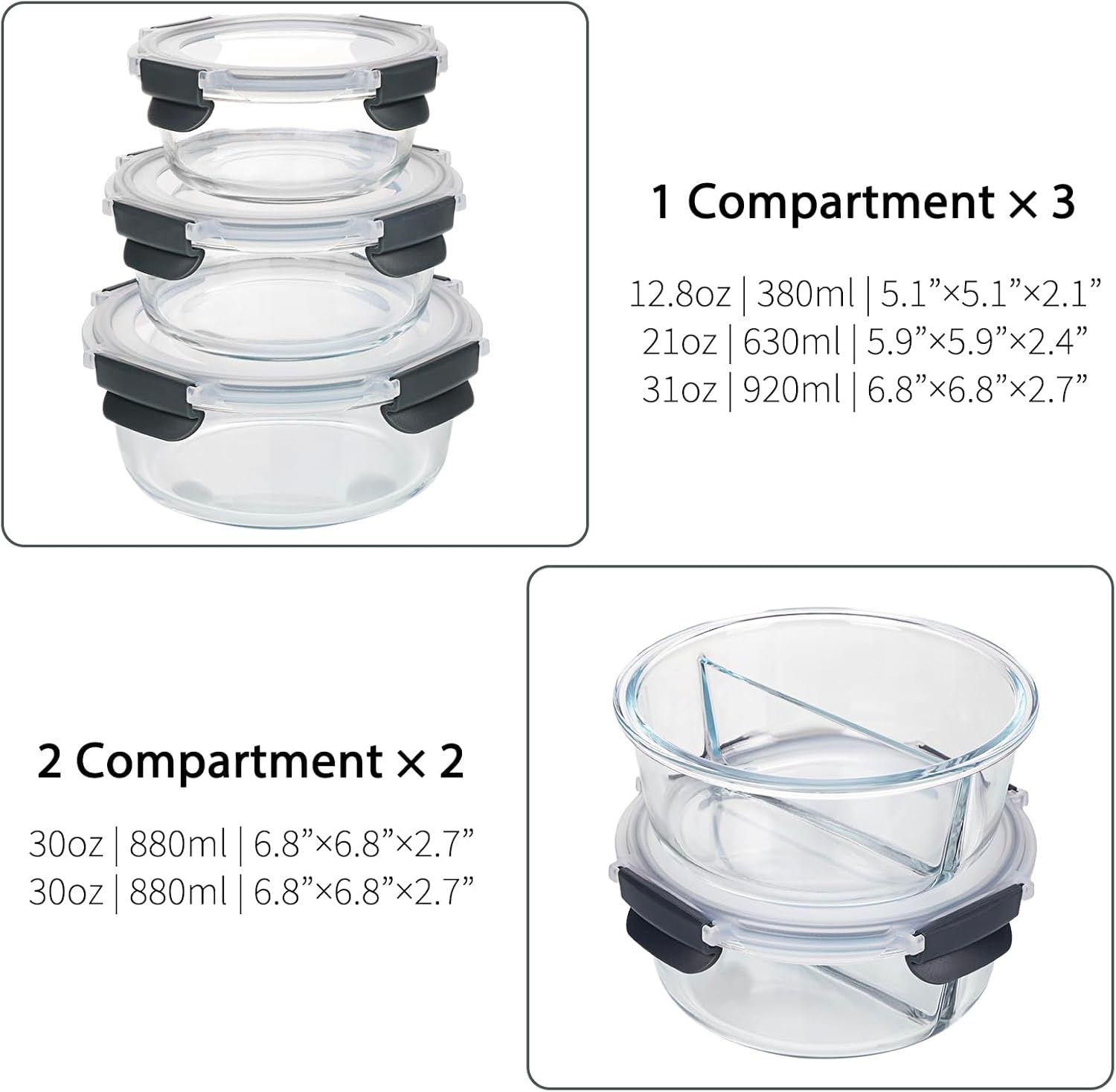 10pc Glass Food Storage Container with Lid, Gray Round Glass Meal Prep Containers D9281
