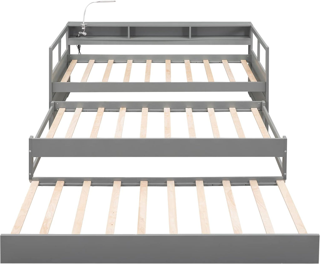 Gray Twin XL Wood Platform Daybed with 2 Trundle Beds and Storage Headboard U643767
