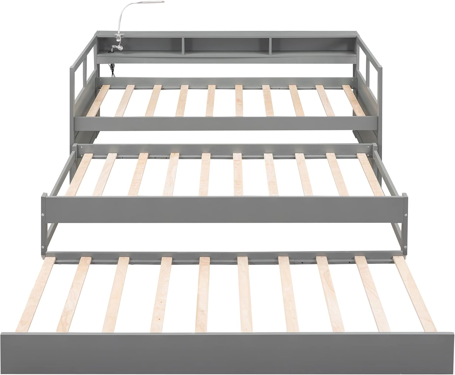 Gray Twin XL Wood Platform Daybed with 2 Trundle Beds and Storage Headboard U643767