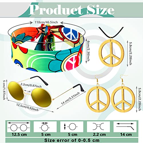 7 Pcs Hippie Costume Set with Flared Pants Fringe Vest Peace Sign Accessories W832630