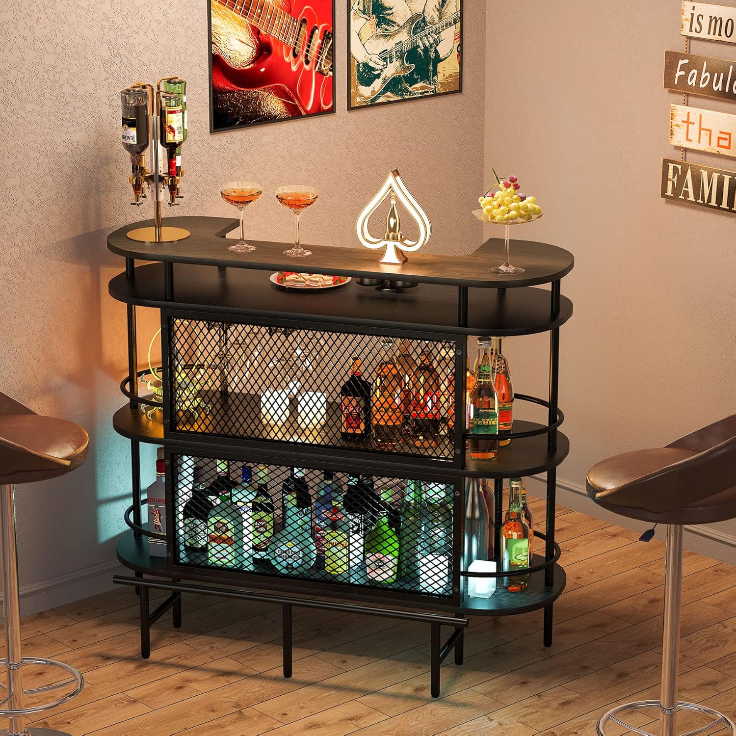 Black and Walnut 4 Tier Bar Cabinet with Storage Shelves F7515