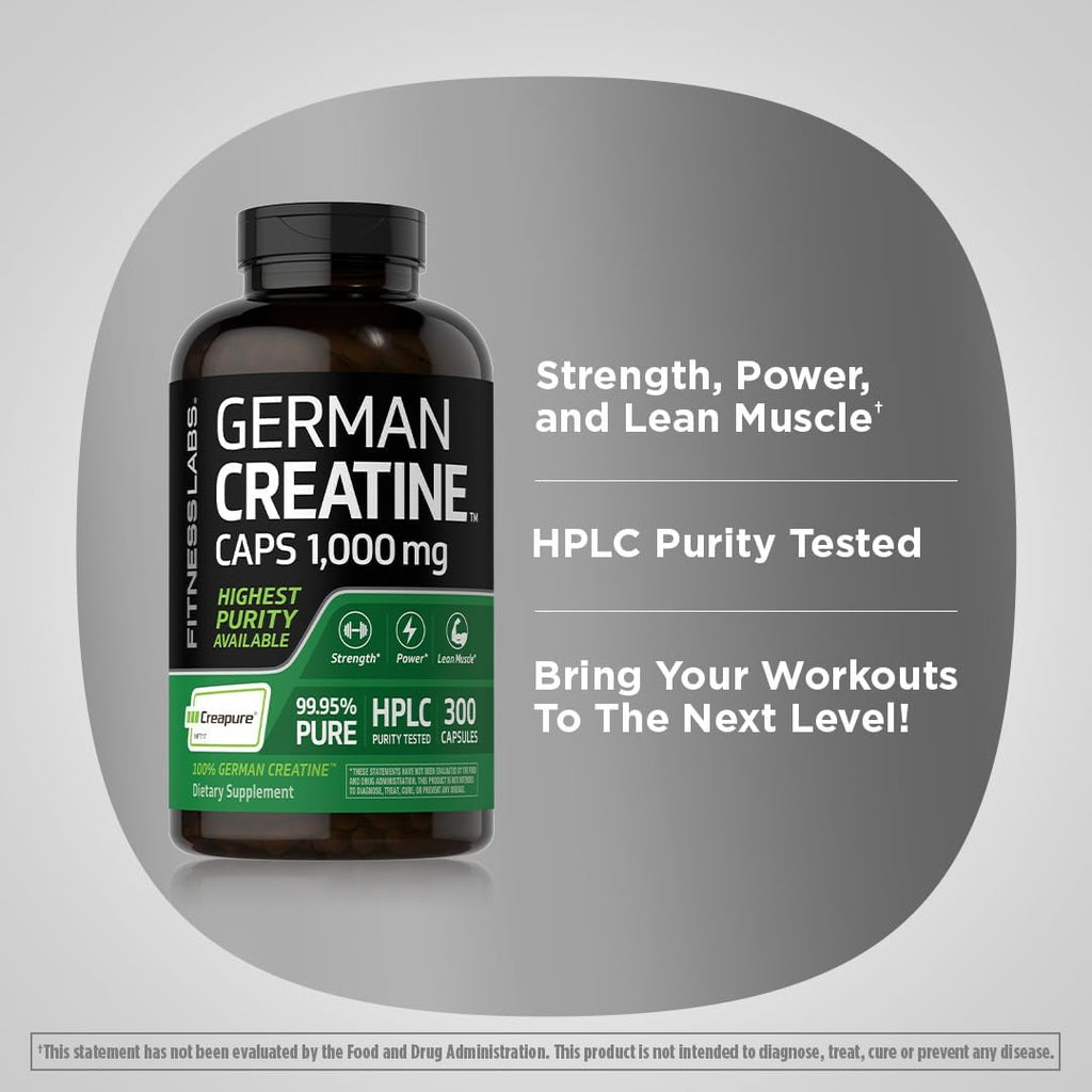 German Creatine Capsules 1000mg 300 Count Monohydrate Non-GMO Gluten Free H86227