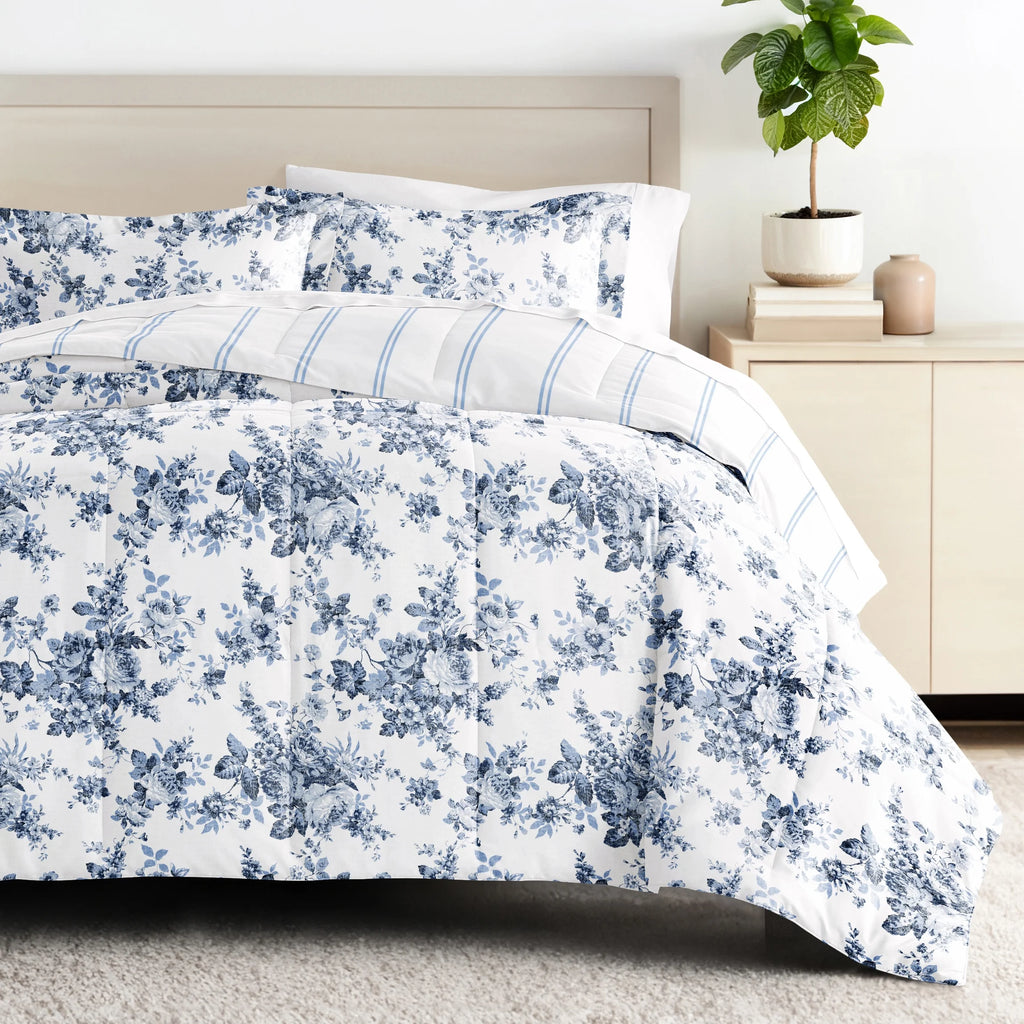 Cabbage Rose Stripe Ultra Soft Reversible Comforter Bed Set H344