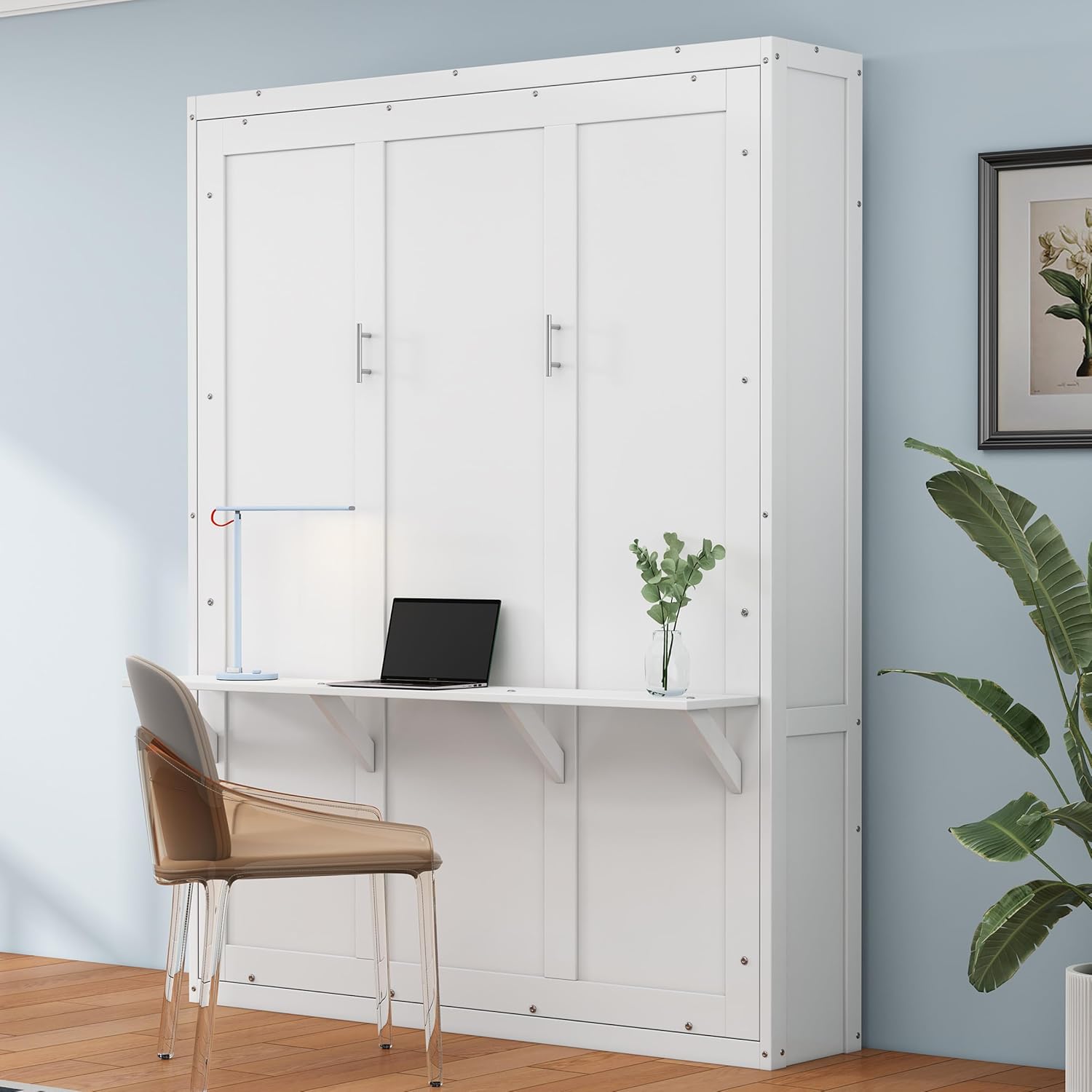 White Queen Size Solid Pine Murphy Bed with Desk and Storage Cabinet D97360