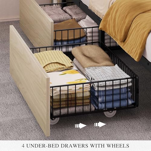 Black Queen Bed Frame with Bookcase Headboard and 4 Storage Drawers J343