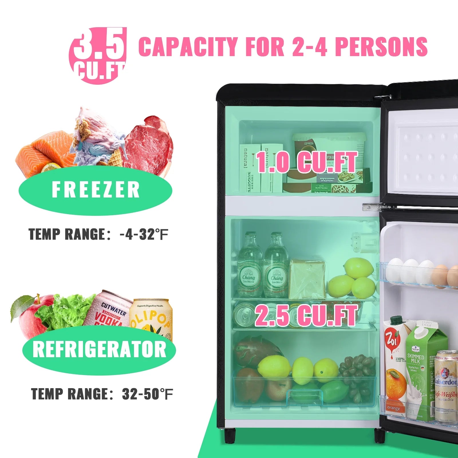 3.5 Cu. ft Mini Fridge Double Door Refrigerator Black R1622