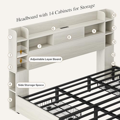 Black Queen Bed Frame with Bookcase Headboard and 4 Storage Drawers J343