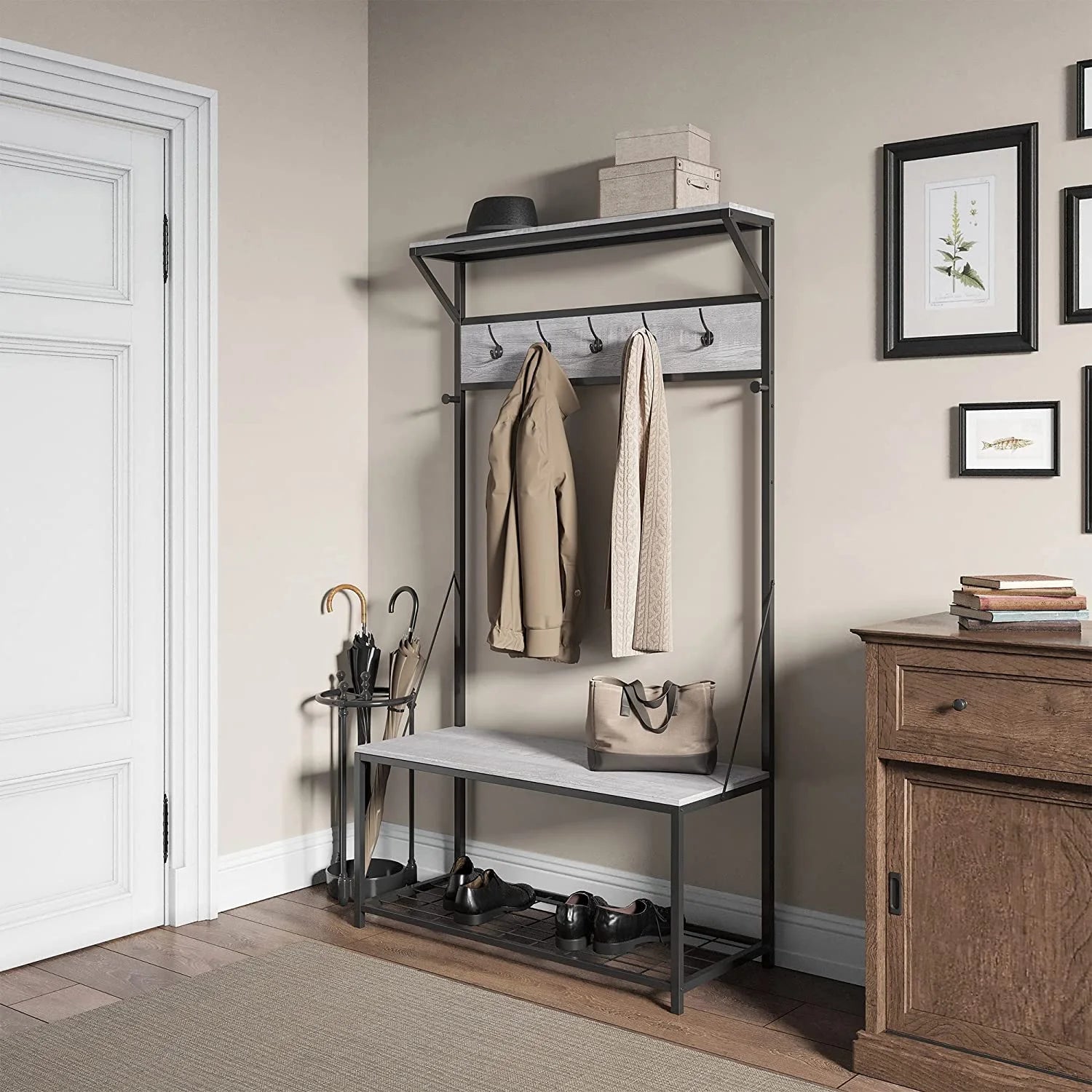 Black Metal Frame Storage Bench with Shoe Rack and Coat Stand V508628