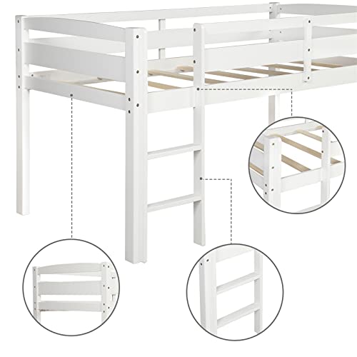 White Twin Size Wooden Loft Bed Frame with Ladder Z9031