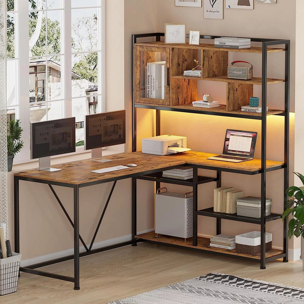 58" Brown L Shaped Gaming Desk with LED Lights and Bookshelf X87445