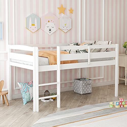 White Twin Size Wooden Loft Bed Frame with Ladder Z9031