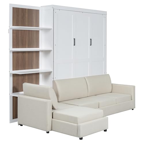 Queen Size Wooden Murphy Bed with Shelves and L-Shape Sofa W29030