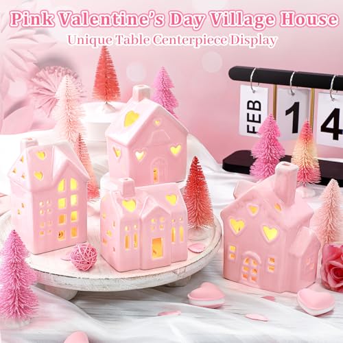 12 Pcs Pink Ceramic Village Decorations with Lighted House Figurines and Mini Pine Trees W3828