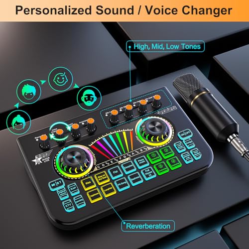 Podcast Microphone Bundle with Live Sound Card Audio Mixer, 3.5mm Condenser Microphone, Sound Board with Voice Changer H6673