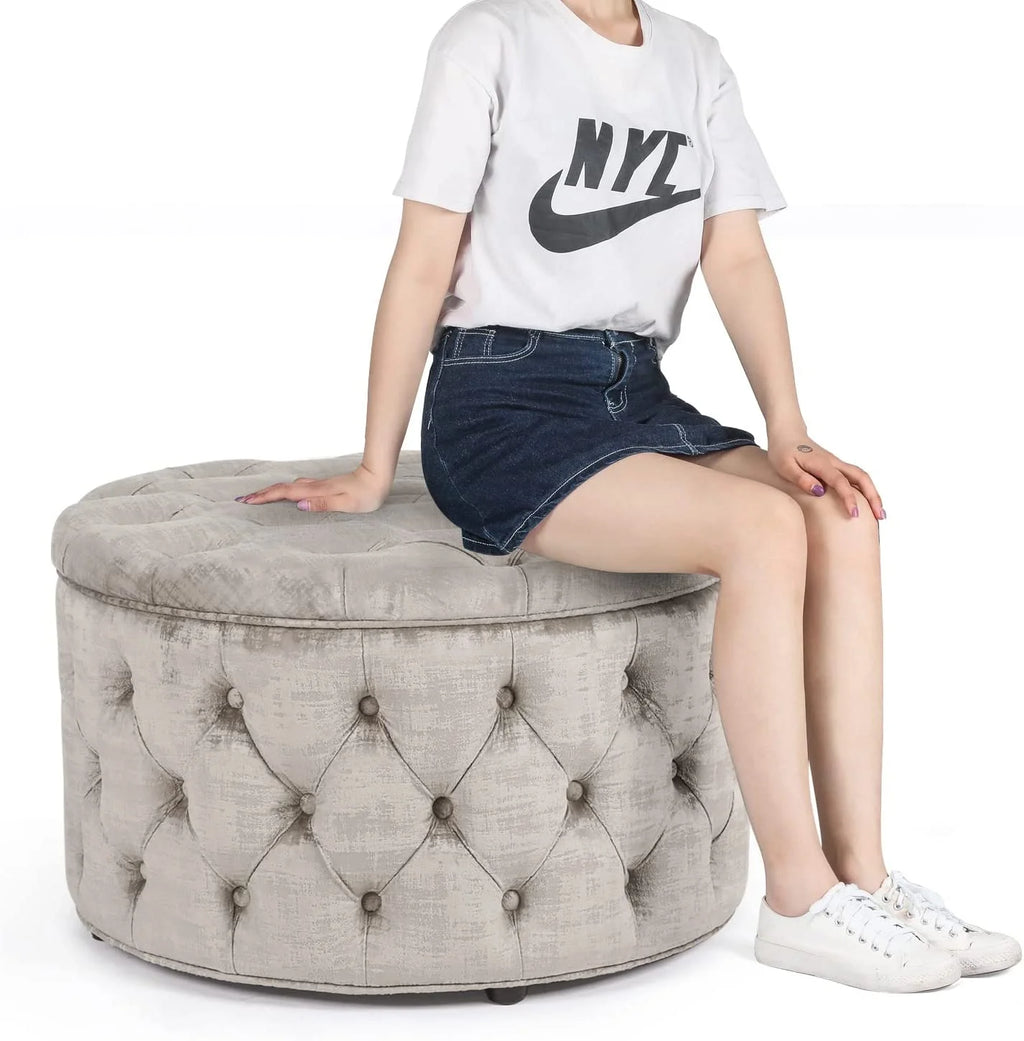 Beige Button Tufted Storage Ottoman W897