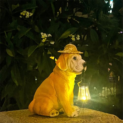 Resin Dog Statues with Straw Hat and Solar Led Lantern E69371