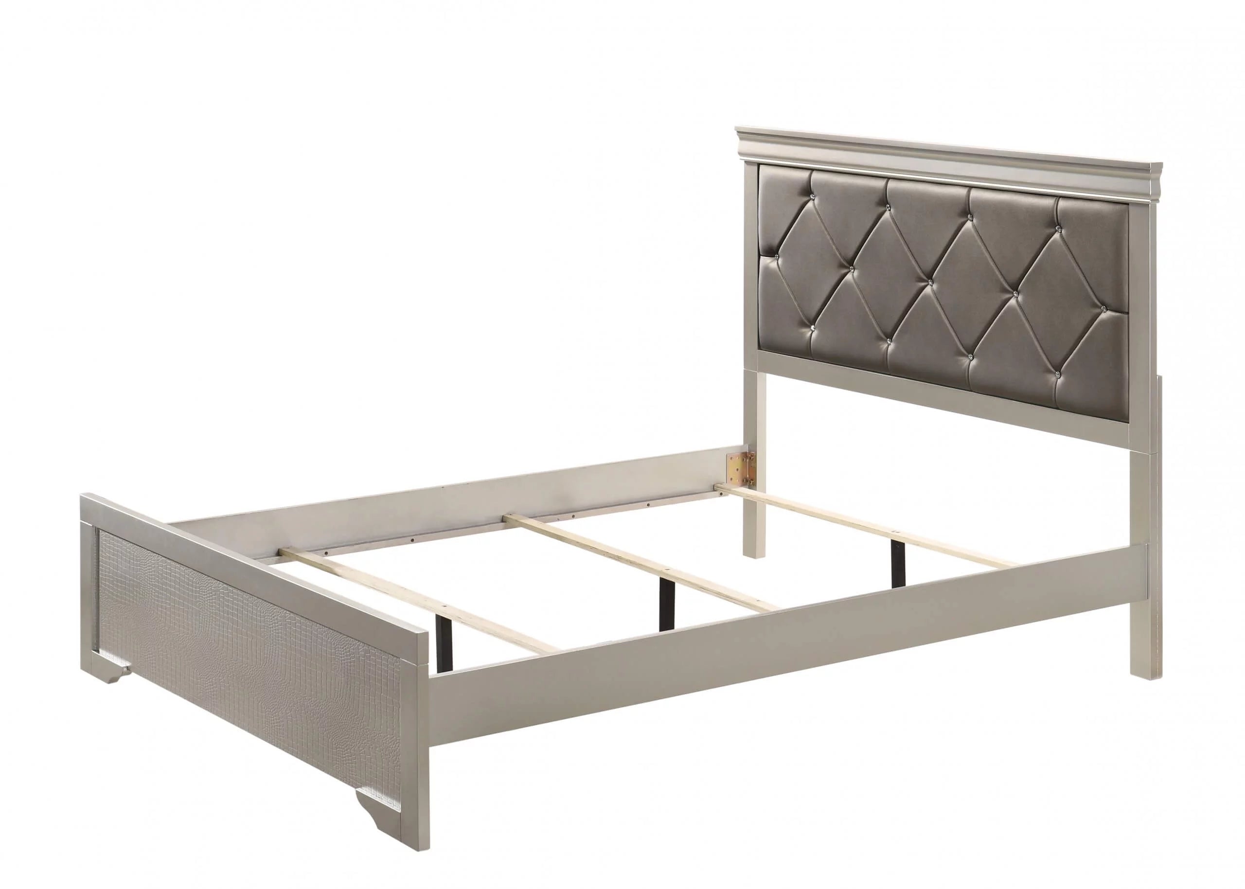 Silver Finish Queen Size Upholstered Button Tufted Headboard Bed Nightstand Set V3356