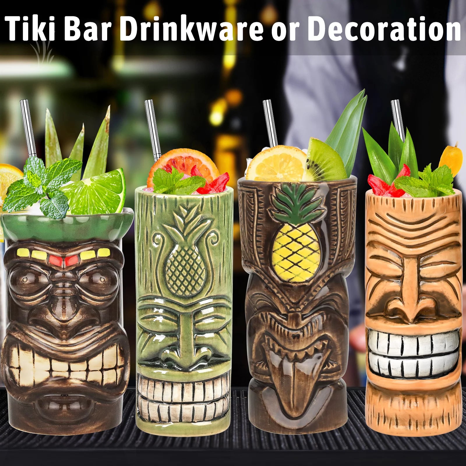 Set of 4 Ceramic Tiki Mugs D419